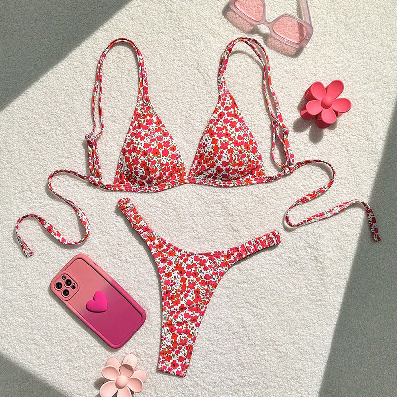 FREEDOMBEAUTY | 2025 new European and American floral lace-up bikini sexy split swimsuit women's beach hot spring swimsuit bikini