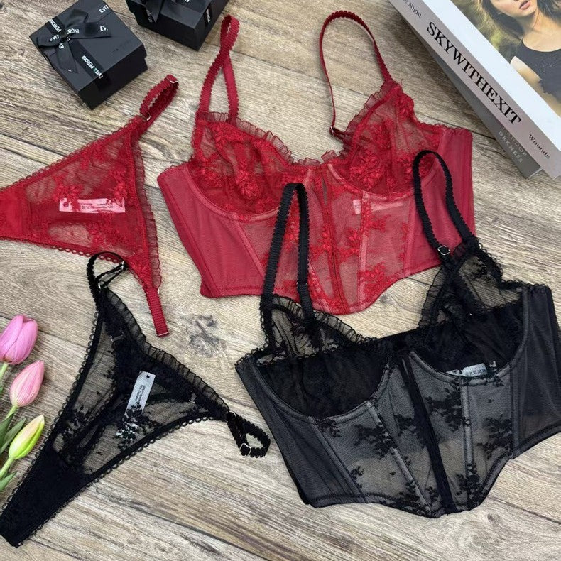 FREEDOMBEAUTY | Slim lace embroidered French underwear foreign trade sexy trousers fungus edge bra cross-border fishbone suit bra set