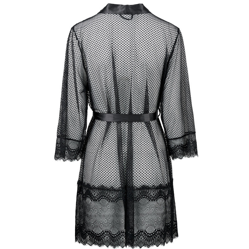 FREEDOMBEAUTY | FQ2830 Flower mesh micro-elastic satin hemming eyelash lace medium sleeve nightgown private room pajamas can be matched with nightgown sexy