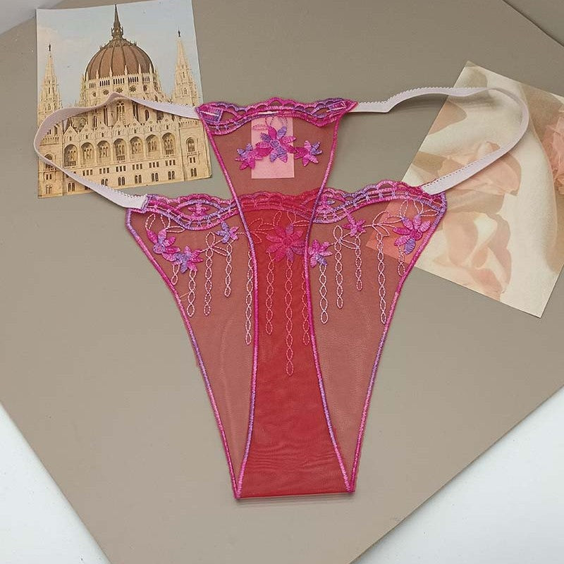 FREEDOMBEAUTY | Sexy low waist seduction lace perspective hollow women's thong transparent red mesh embroidery sexy cross-border