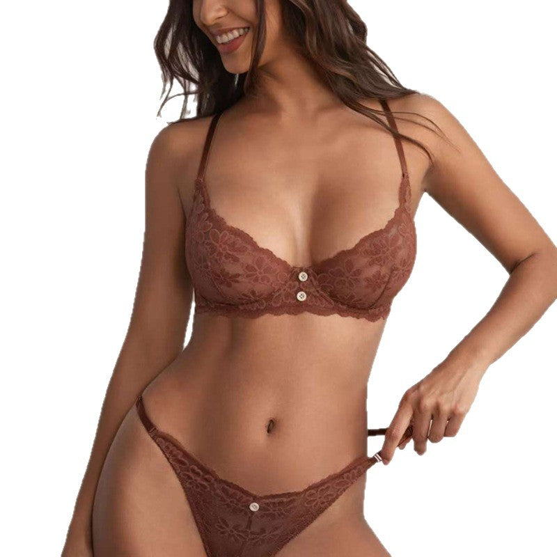 FREEDOMBEAUTY Cross-border Amazon ultra-thin foreign trade underwear full lace transparent perspective sexy European and American bra set popular 2025
