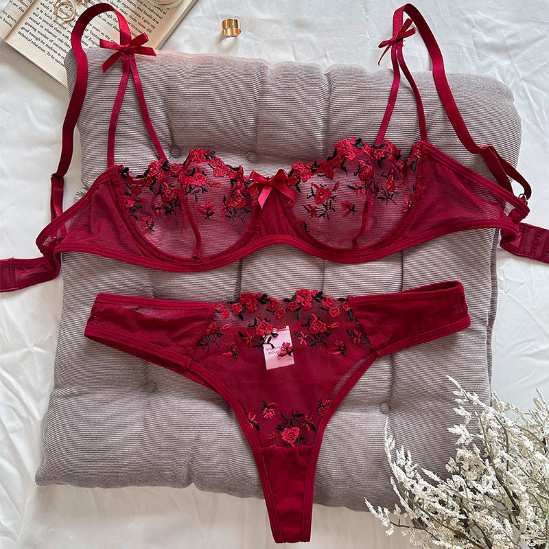 FREEDOMBEAUTY | Y French underwear feminine ink painting embroidery butterfly lace bra set thin cotton cup big breasts show small bra