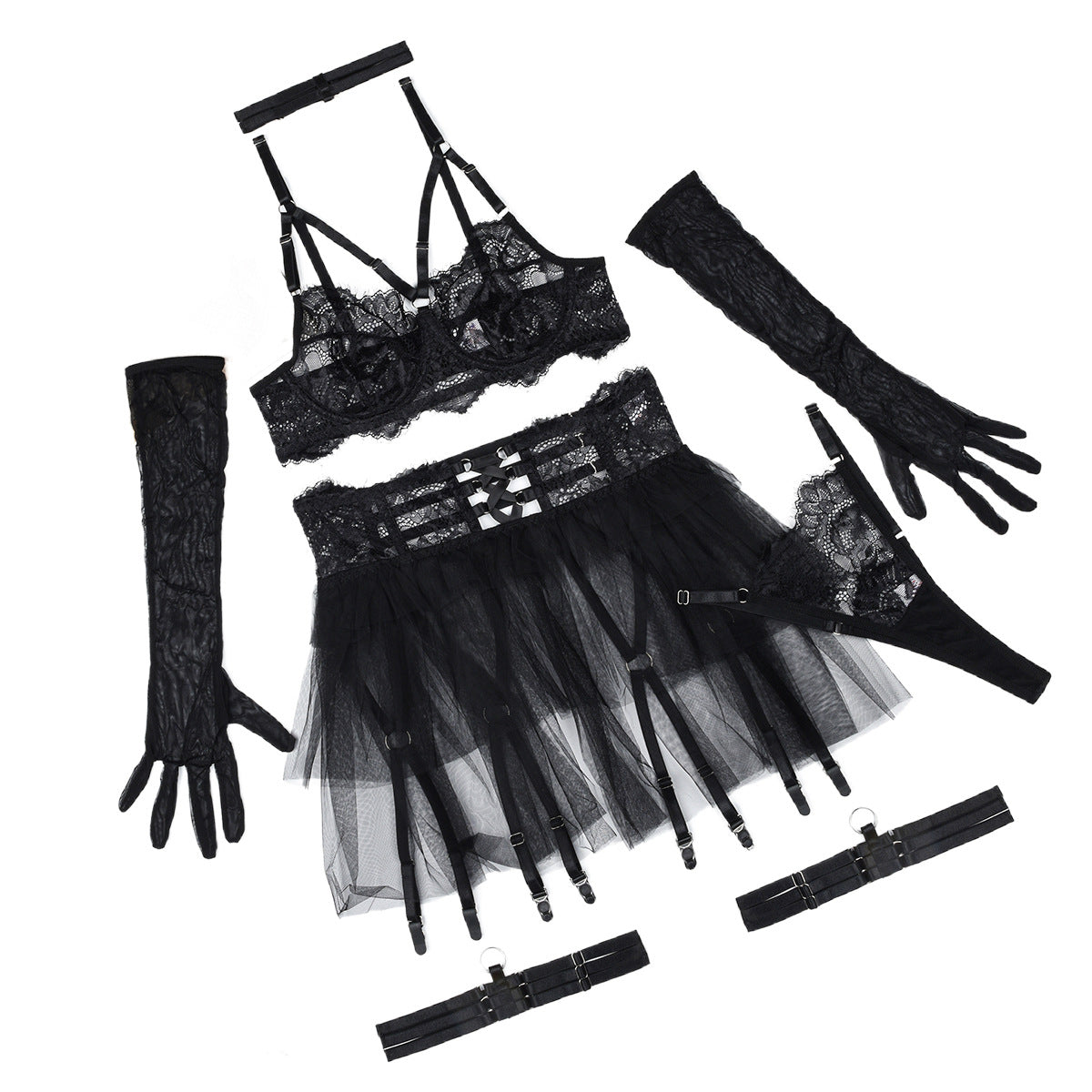 Freedombeauty | Fashion new hot-selling lingerie lace perspective mesh sexy tutu skirt six-piece women
