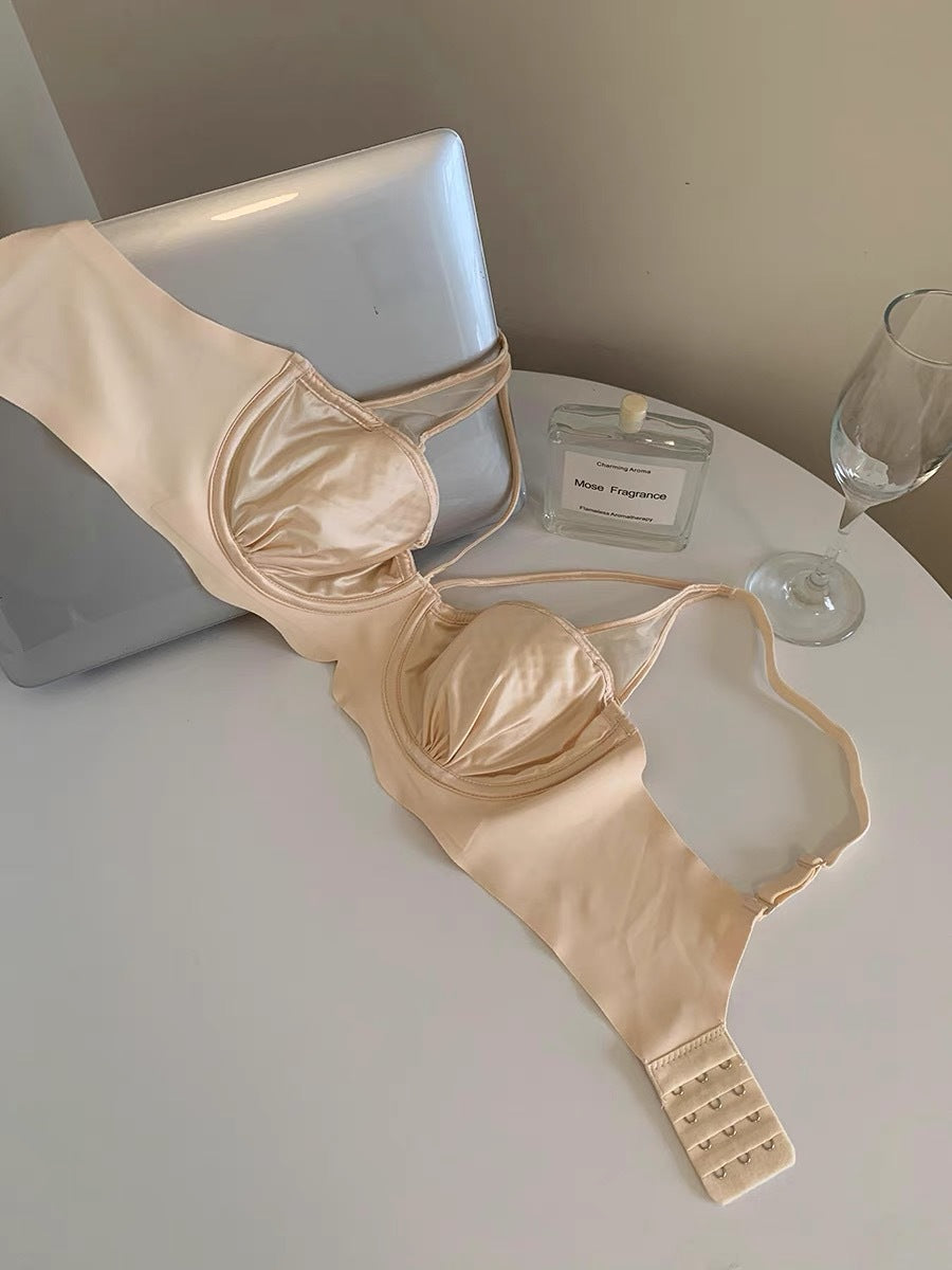 Freedombeauty | Sexy French Satin Traceless Underwear Thin Big Breasts Showing Small Rabbit Ears Cup Soft Steel Rim Breathable Upper Support Bra Women