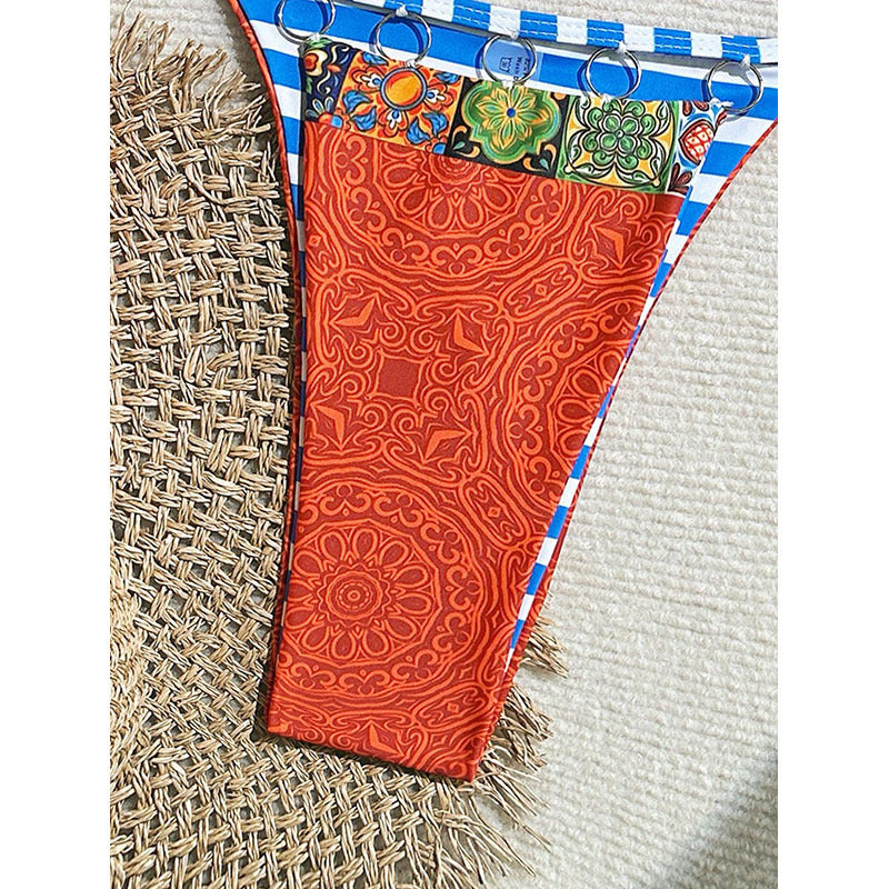 FREEDOMBEAUTY | 2025 new European and American color matching split swimsuit women's sexy lace-up bikini beach hot spring swimsuit