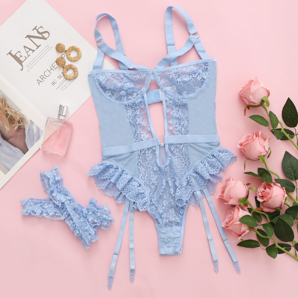 Freedombeauty | Embroidery lace backless three-point sexy one-piece lingerie women 21369
