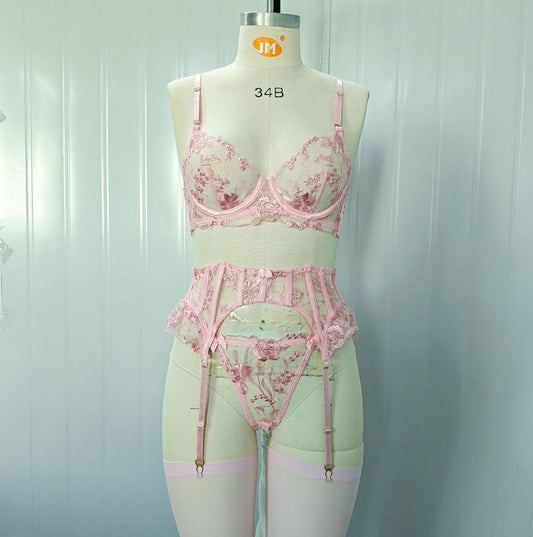 FREEDOMBEAUTY | European and American style foreign trade cross-border new fashion pink flower embroidery garter stockings bow bra set women