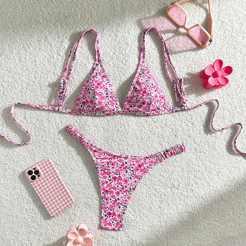 FREEDOMBEAUTY | 2025 new European and American floral lace-up bikini sexy split swimsuit women's beach hot spring swimsuit bikini