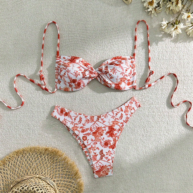 FREEDOMBEAUTY | 2025 new European and American floral lace-up sexy beach bikini swimsuit women's high-end fashion hot spring swimsuit