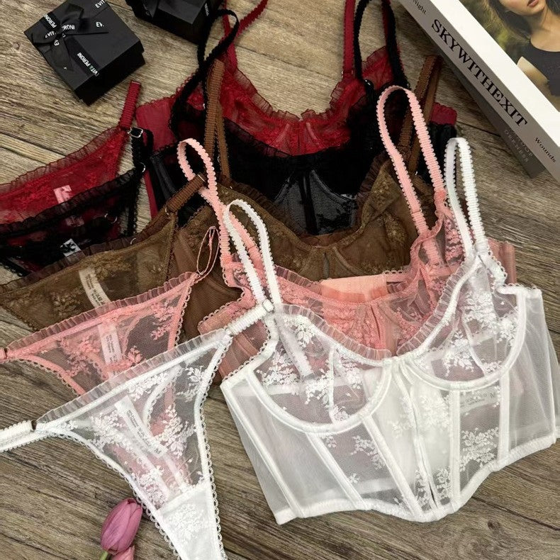 FREEDOMBEAUTY | Slim lace embroidered French underwear foreign trade sexy trousers fungus edge bra cross-border fishbone suit bra set