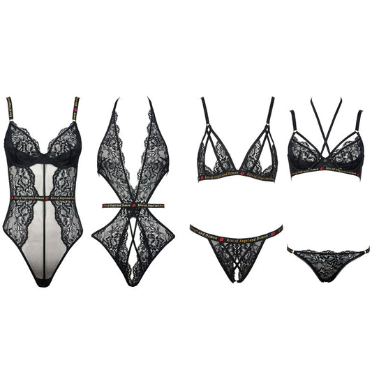 FREEDOMBEAUT | FQ2807 Letter with open crotch set steel ring bra onesie neck lace mesh perspective seduction black