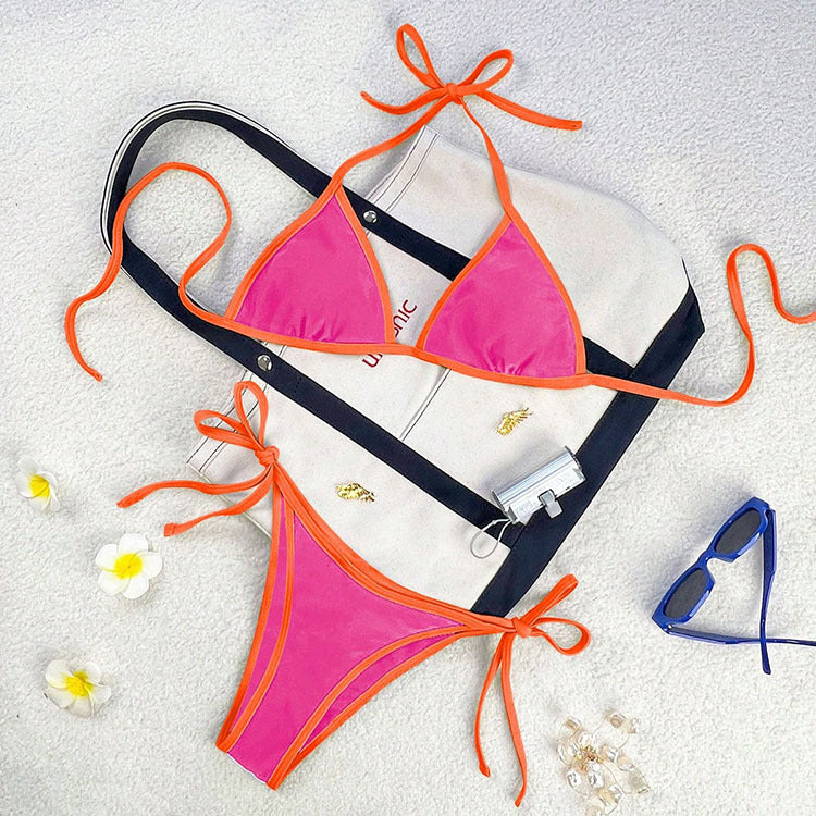 FREEDOMBEAUTY | Swimwear 2025 new European and American color matching lace-up split swimsuit women's beach hot spring swimwear wholesale