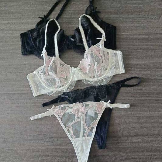 FREEDOMBEAUTY | French rose-embroidered lace underwear ultra-thin sexy spongless bra foreign trade trousers bra set bra