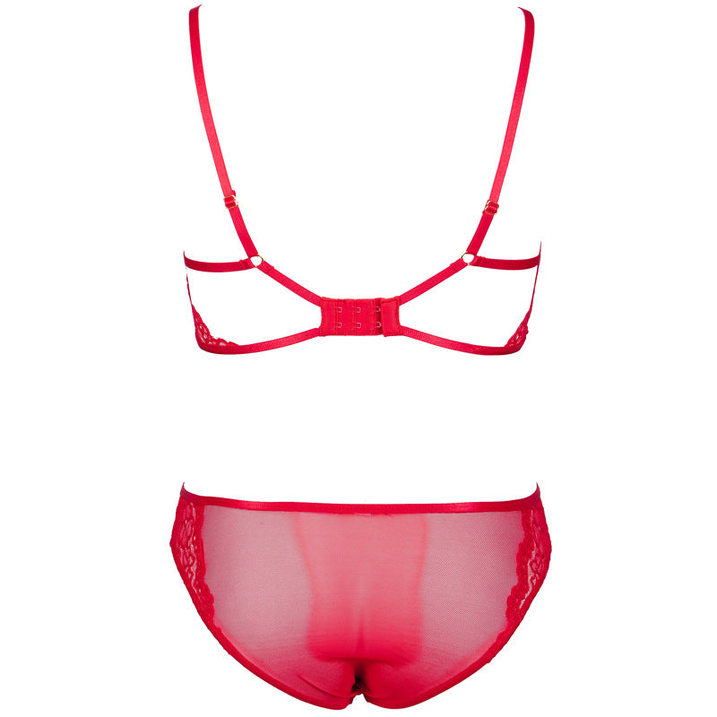 FREEDOMBEAUTY | FQ2770M205 Valentine's Day red lace steel rim double-layer bra neck garter belt low-rise briefs set