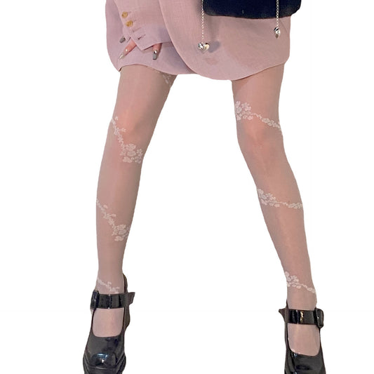 FREEDOMBEAUTY | New retro French rose garden pure desire white silk flower vine wrapped Japanese ultra-thin lace jacquard bottoming stockings