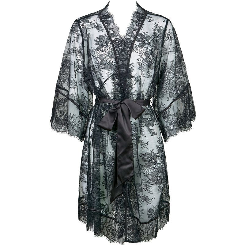 FREEDOMBEAUTY | FQ2871 Eyelash lace perspective satin nightgown medium sleeve morning gown women's wedding cross-border European and American matching coat quality