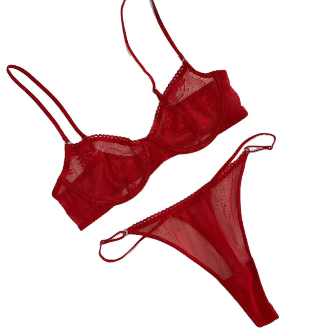 FREEDOMBEAUTY | Foreign trade ultra-thin underwear sexy lace jacquard big chest small bra cross-border trousers bra set Lingerie