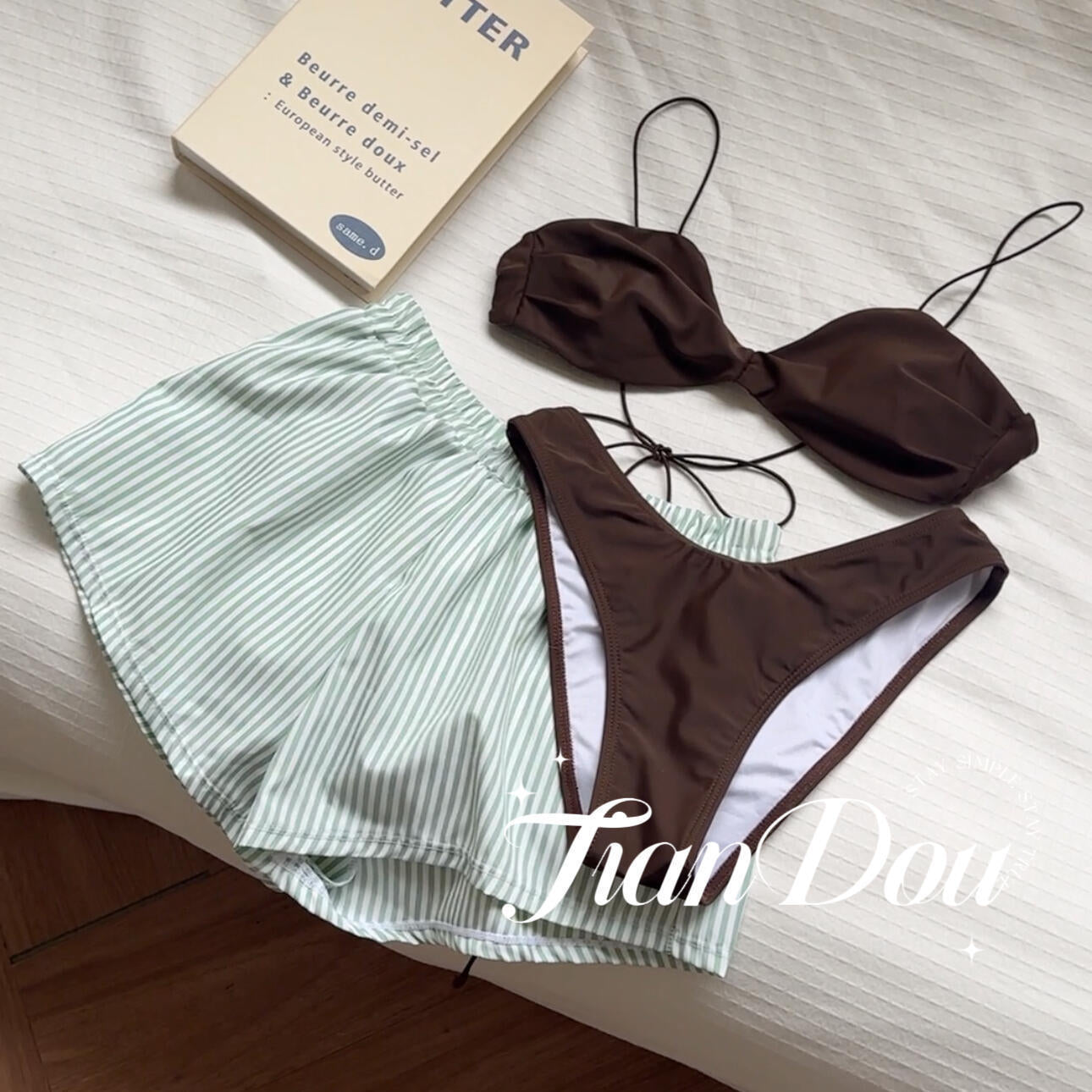 FREEDOMBEAUTY | [Mint Chocolate] Fresh Island Vacation Vitality Girl Lazy Temperament Swimsuit Bikini Three-piece Summer