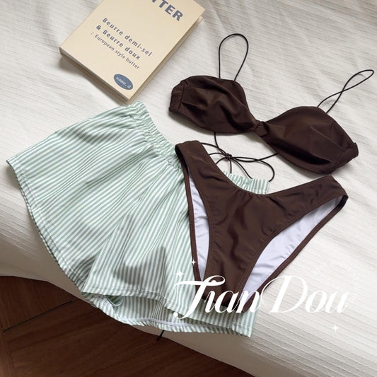 FREEDOMBEAUTY | [Mint Chocolate] Fresh Island Vacation Vitality Girl Lazy Temperament Swimsuit Bikini Three-piece Summer