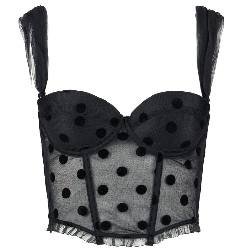 FREEDOMBEAUTY | FQ2775 Flocking Polka Dot Non-elastic Mesh SpongeBob Pad Fish Bone Chest Bone Wear Mesh Shoulder Strap Removable Spice Girl Pack