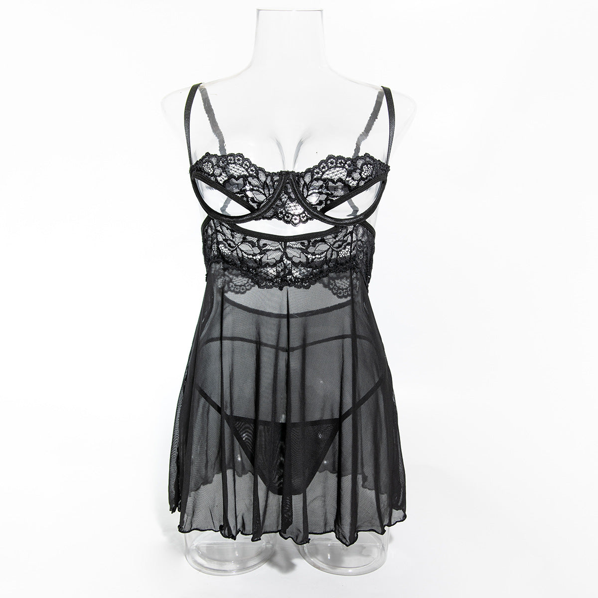 FREEDOMBEAUTY | Sexy underwear hollow suspender nightdress two-piece set thong thin perspective women's clothing cross-border 3772