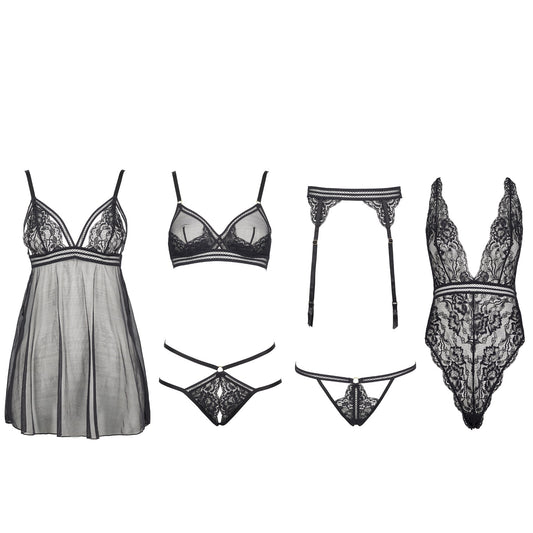 Freedombeauty | FQ2731 Black Lace Glitter Perspective Mesh Sexy Pajamas onesie Triangle Cup Low Waist Panties Garter Belt