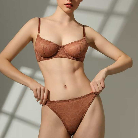 FREEDOMBEAUTY | European and American sexy lingerie French lace big chest small anti-sagging bra ultra-thin lace bra set