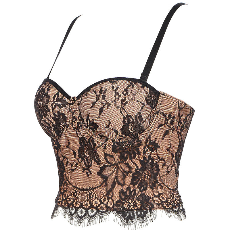 freedombeauty｜Lace sling beautiful back anti-light adjustable with chest pad small vest with steel ring tube top DB1076