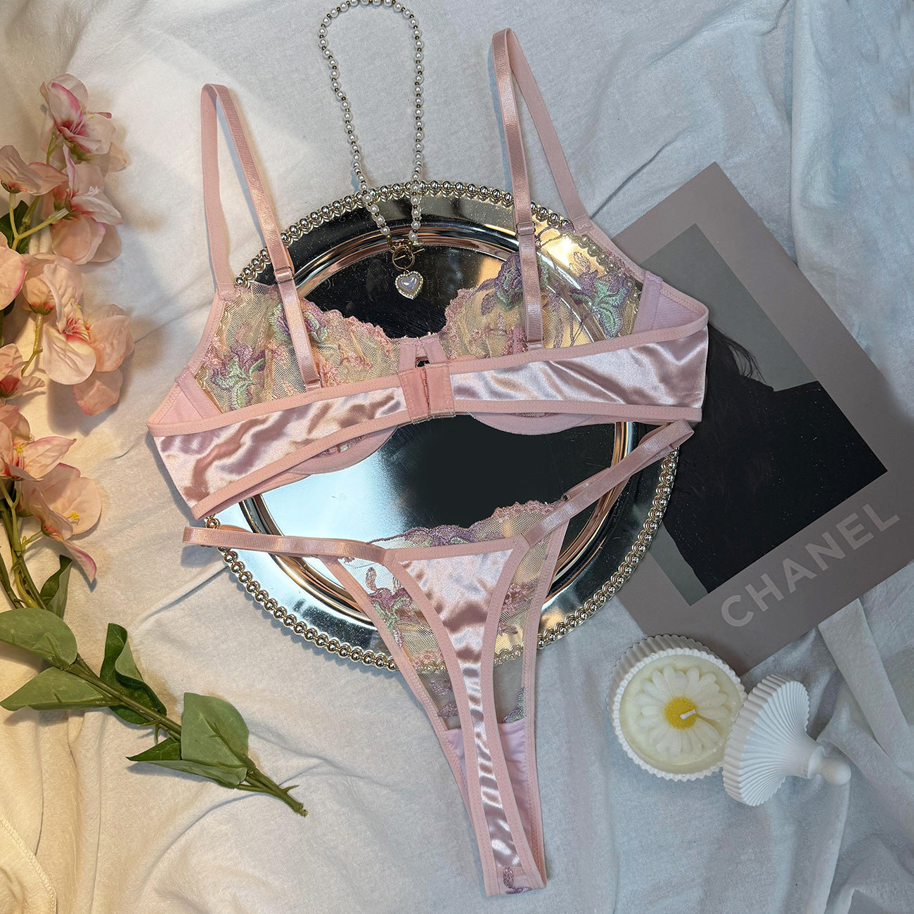 FREEDOMBEAUTY | Cross-border foreign trade INS new Valentine's Day honeymoon sexy mesh flower embroidery perspective underwear women's two-piece set