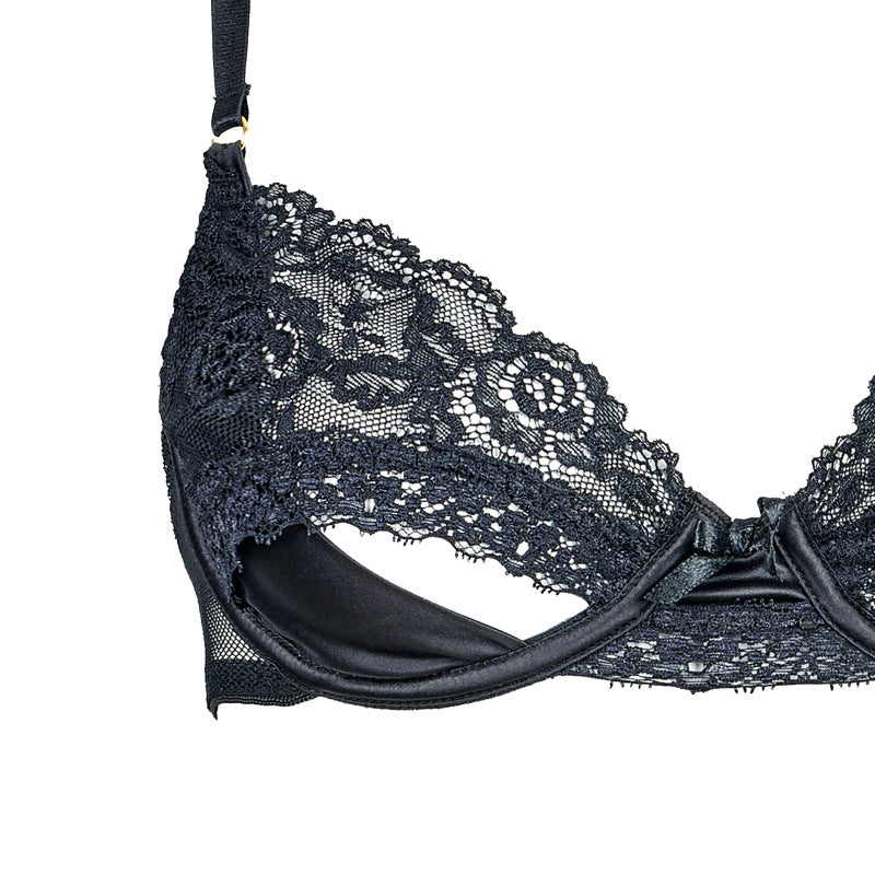 Freedombeauty | FQ2773 Lace Satin Steel Rim Hollow Bra Rhombus Mesh Low Waist Free Panties Sexy Seduction Black Suit