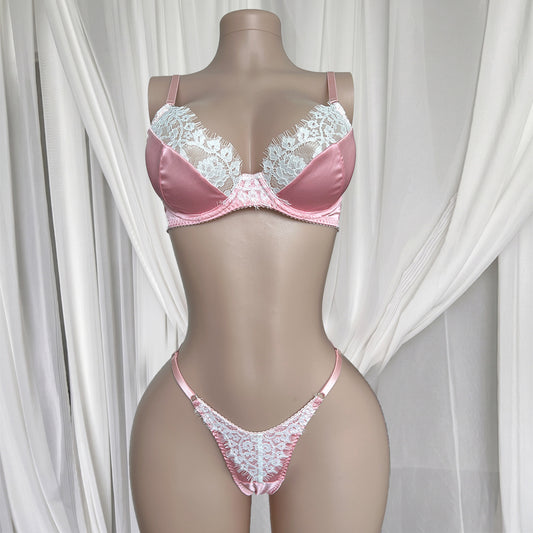 FREEDOMBEAUTY | cross-border wholesale pink bra thong set, eyelash lace splicing sex underwear set