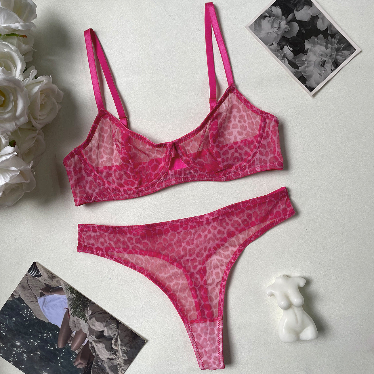 freedombeauty|Sexy leopard print underwear, French bra, ultra-thin mesh sex set, perspective.
