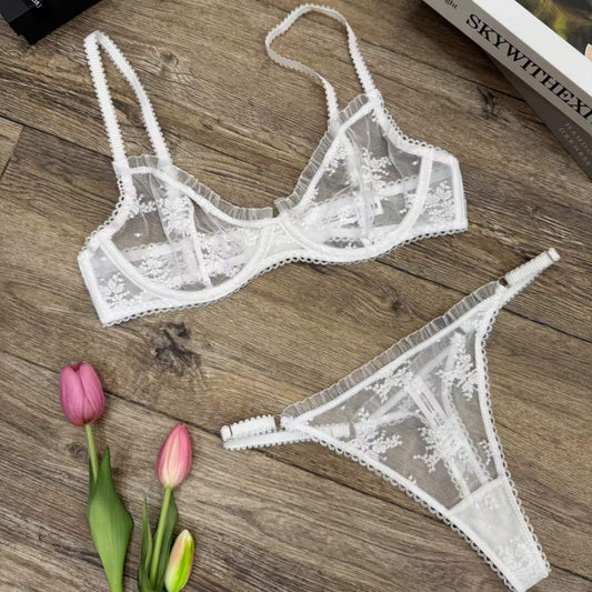 FREEDOMBEAUTY | French floral embroidery lace bra set steel ring ultra-thin perspective ruffle edge sexy underwear trousers set summer