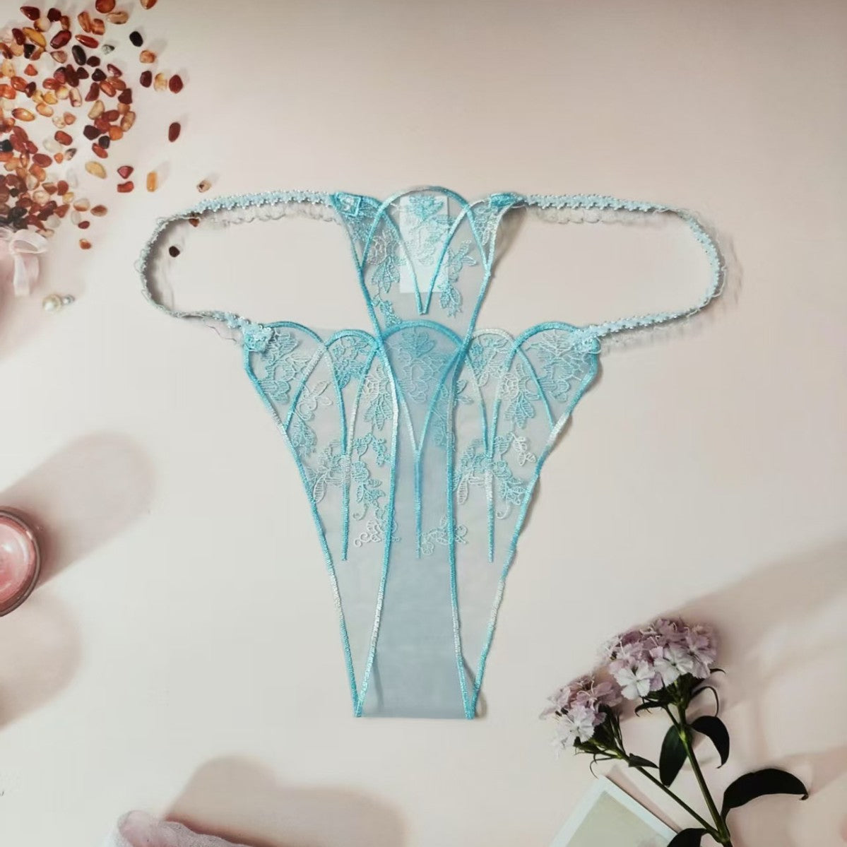 FREEDOMBEAUTY | New women's triangular mesh lace hollow sexy European and American mesh mountains embroidery color matching cross-border perspective T-character