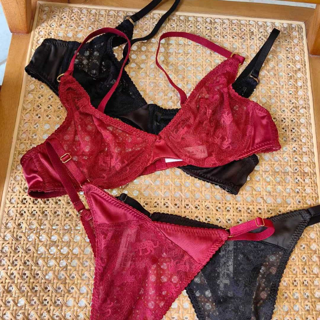 Freedombeauty | Lace French Underwear Flocking Embroidery Ultra Thin Big Breast Small Perspective Sexy Pants Bra Set