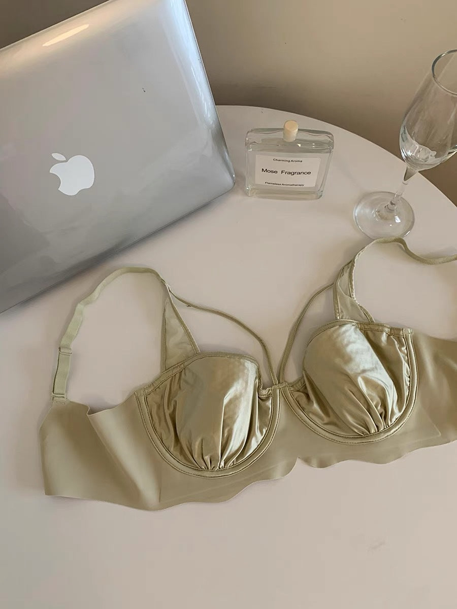 Freedombeauty | Sexy French Satin Traceless Underwear Thin Big Breasts Showing Small Rabbit Ears Cup Soft Steel Rim Breathable Upper Support Bra Women