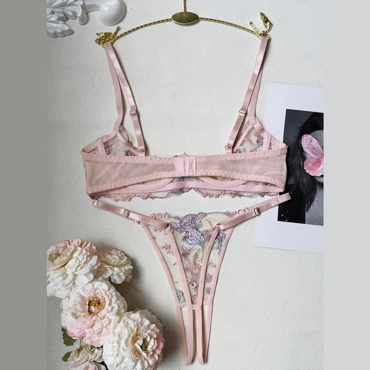 FREEDOMBEAUTY | European and American popular pink girl pure desire sexy high-end erotic underwear half tray comfortable steel ring gathering bra set