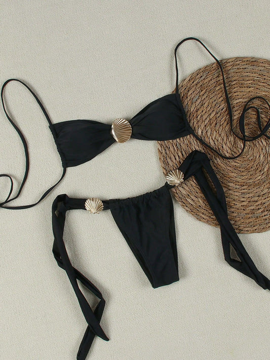 FREEDOMBEAUTY | 2025 new metal shell decoration solid color lace-up model sexy cute party factory direct sales bikini
