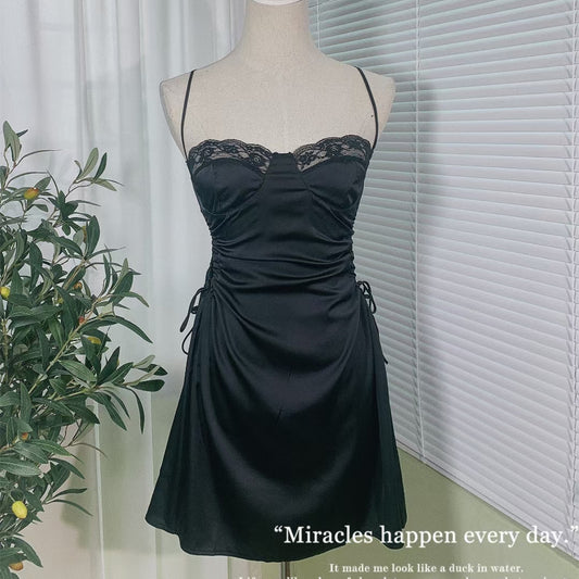 Freedombeauty | Sexy sex nightdress solid color elegant temptation cute drawstring hollow ice silk comfortable suspender pajamas single skirt