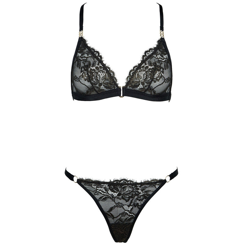 Freedombeauty | FQ2846 neck waist chain bronzing lace front buckle beautiful back without steel ring thin transparent triangle cup thong bra set