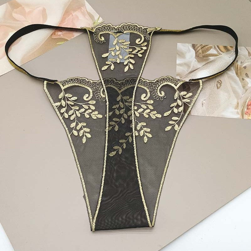 FREEDOMBEAUTY | New Purple Gold Black Hollow Sexy Transparent Black Mesh Embroidery Women's Light Sex Thong T-Pants Cross-border