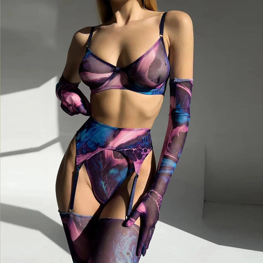 FREEDOMBEAUTY | Hot Sale Fashion Classic Erotic Lingerie Set Sexy Printed Steel Rim Gathering Bust Bra