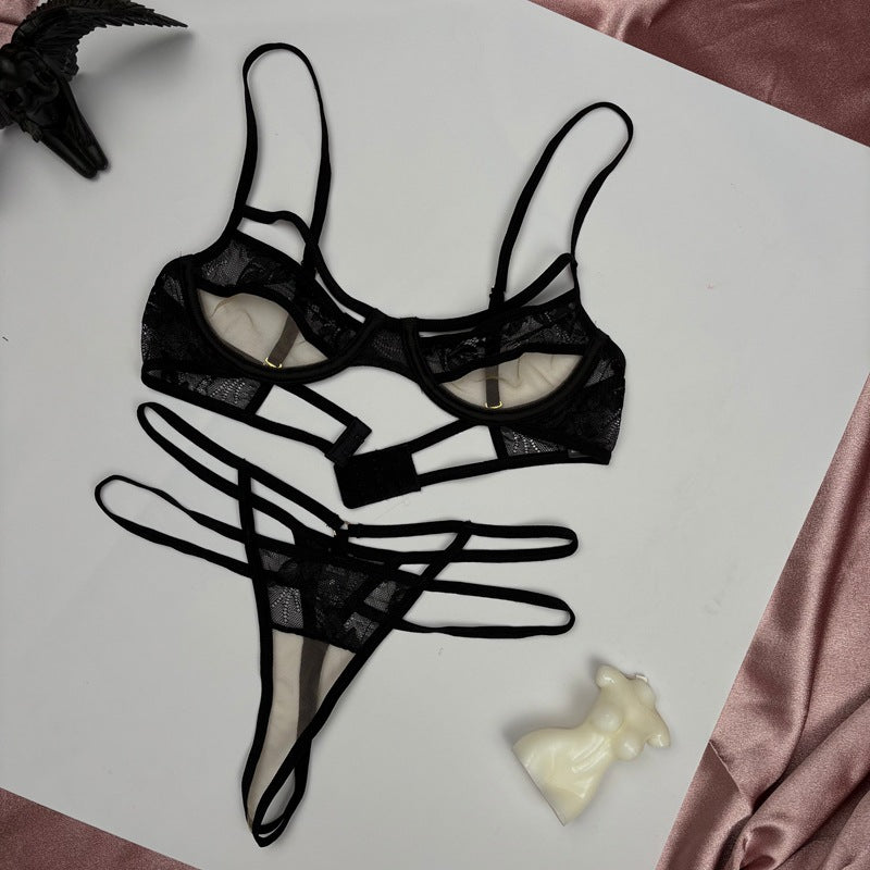 FREEDOMBEAUTY | FQ2978 underwear women's big breasts show small sexy straps seduction lace ultra-thin upper support open crotch free T-pants set