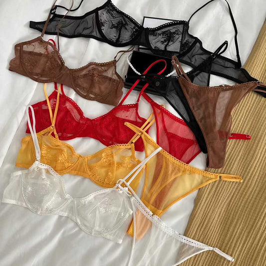 FREEDOMBEAUTY | Foreign trade sexy lace underwear French ultra-thin mesh flocked big chest small bra bra set Sexy Bra