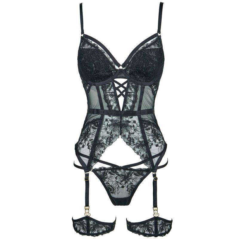 FREEDOMBEAUTY | FQ287234 Embroidery Underwear Set Series Mesh Perspective Sex Underwear Waist Women's Nightdress Cross-border Black