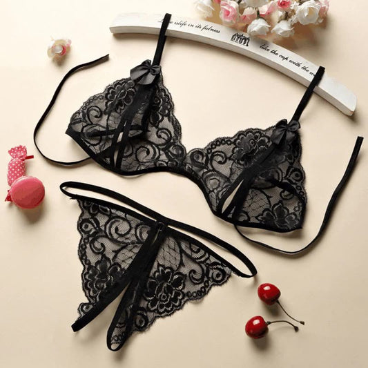 FREEDOMBEAUTY | Sex lingerie women's open three-point sexy lace transparent open panties bra strap backless temptation