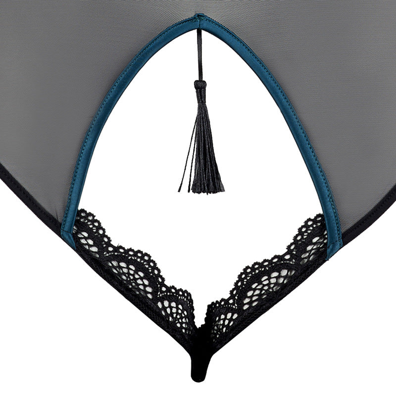 FREEDOMBEAUT | FQ2703 Satin hemming mesh tassel rimless onesie sex women open crotch and hip lace edge cross-border