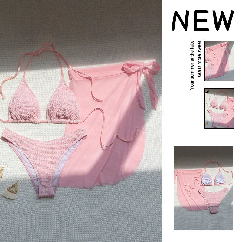 FREEDOMBEAUTY | 2025 New European and American solid color mesh three-piece swimsuit strap-up sexy beach bikini swimsuit women's summer wholesale