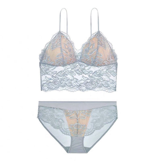 FREEDOMBEAUTY | French Sexy Embroidered Lace Bra Thin Triangle Cup No Steel Rim Underwear Suspender Vest Bra Set