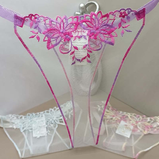 FREEDOMBEAUTY | Transparent mesh embroidery three-piece color matching light crotch-free sexy hollow sex thong three-piece cross-border